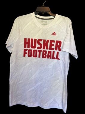 adidas White Tee with Red Husker Football Print